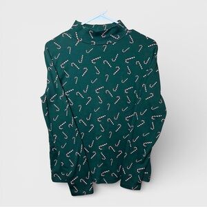 Green Candy Cane Turtleneck Sweater Womens Large 100% Cotton Christmas Holiday